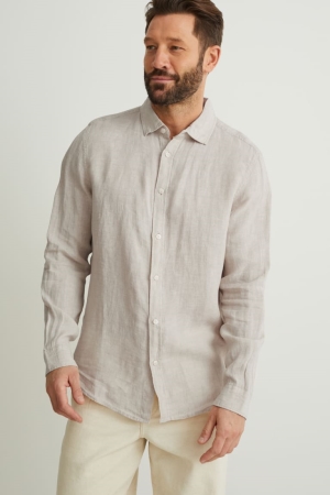 Beige C&A Linen Regular Fit Kent Collar Linen Made From European Flax® Men's Shirts | AKIXU-8670