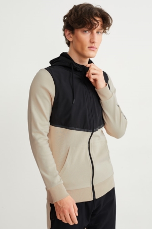 Black / Beige C&A Zip-through With Hood Men's Sweatshirts | OZNQF-3504