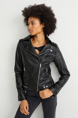 Black C&A Biker Faux Leather Women's Jackets | VKBMZ-1736