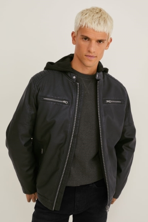 Black C&A Biker With Hood Faux Leather Men's Jackets | EFALJ-4913