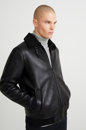 Black C&A Bomber Faux Leather Men's Jackets | BEKHQ-6532