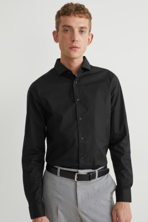 Black C&A Business Body Fit Cutaway Collar Flex Organic Cotton Men's Shirts | STWBD-8635