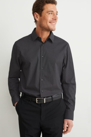 Black C&A Business Regular Fit Kent Collar Easy-iron Men's Shirts | ANWHP-5426