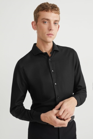 Black C&A Business Slim Fit Cutaway Collar Easy-iron Men's Shirts | FOHLV-8573