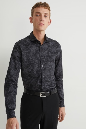 Black C&A Business Slim Fit Cutaway Collar Easy-iron Patterned Men's Shirts | OKLMY-3790