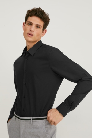 Black C&A Business Slim Fit Extra-long Sleeve s Easy-iron Men's Shirts | FOGQH-8403