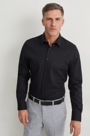 Black C&A Business Slim Fit Kent Collar Easy-iron Men's Shirts | UGLJC-1247