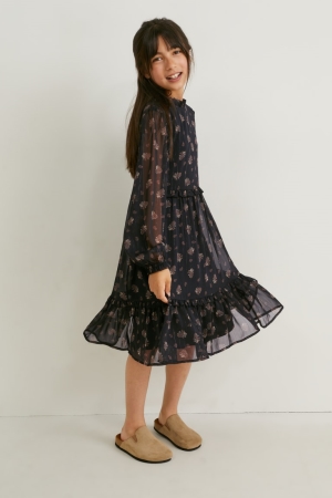 Black C&A Chiffon Patterned Girls' Dress | CHPXT-5968