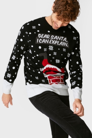 Black C&A Christmas Father Christmas Men's Jumper | RDELG-4097