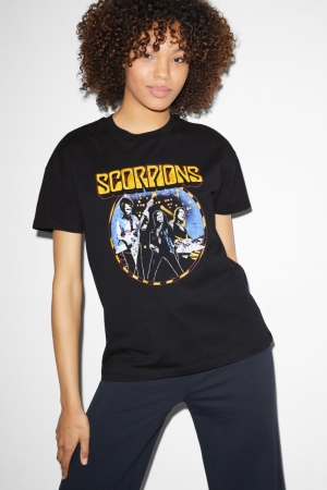 Black C&A ClockhouseScorpions Women's T-shirts | BWSJX-5478