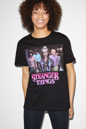 Black C&A ClockhouseStranger Things Women's T-shirts | KGMOC-4130