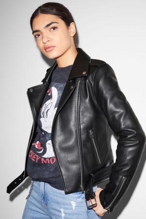 Black C&A Clockhouse Biker Faux Leather Women's Jackets | TKGSP-7436