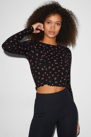 Black C&A Clockhouse Cropped Long Sleeve Floral Women's Top | HISYX-8051