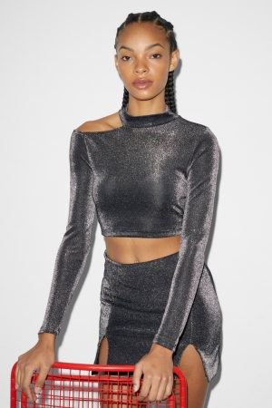 Black C&A Clockhouse Cropped Long Sleeve Shiny Women's Top | TMVPO-3281