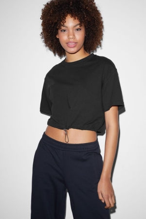 Black C&A Clockhouse Cropped Women's T-shirts | BYQEF-2341