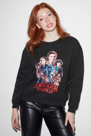 Black C&A Clockhouse Stranger Things Women's Sweatshirts | MUBAL-2081