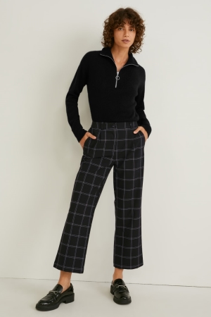 Black C&A Cloth Mid-rise Waist Wide Leg Check Women's Trousers | GUOTW-6714