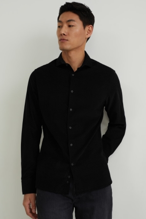 Black C&A Corduroy Slim Fit Cutaway Collar Men's Shirts | XZLFS-6517