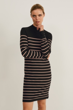 Black C&A Knitted With Lenzing™ Ecovero™ Striped Women's Dress | LZWAH-5481