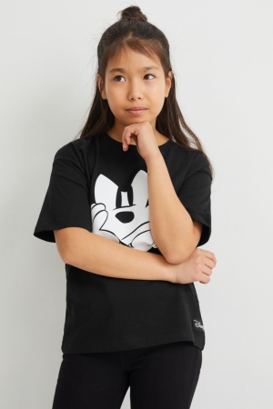 Black C&A Mickey Mouse Sleeve Girls' T-shirts | HVWIS-0489