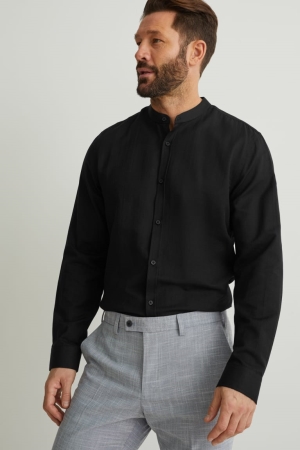 Black C&A Oxford Slim Fit Band Collar Men's Shirts | BKLWF-0621