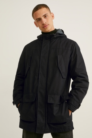 Black C&A Parka With Hood Men's Jackets | MVCLI-7241