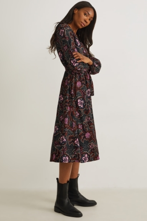 Black C&A Patterned Women's Dress | CBFMD-6987