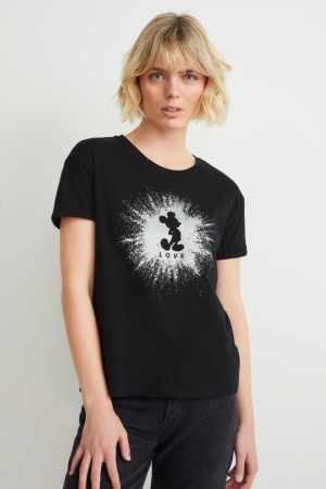 Black C&A Shiny Mickey Mouse Women's T-shirts | OFGHL-0341