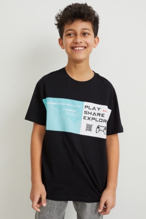 Black C&A Sleeve Augmented Reality Motif Boys' T-shirts | GZEBV-0258