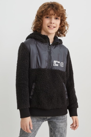 Black C&A Teddy Fur Girls' Hoodie | OTZHA-7018