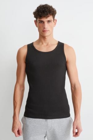 Black C&A Vest Double Rib Organic Cotton Men's Top | UZVBR-8760