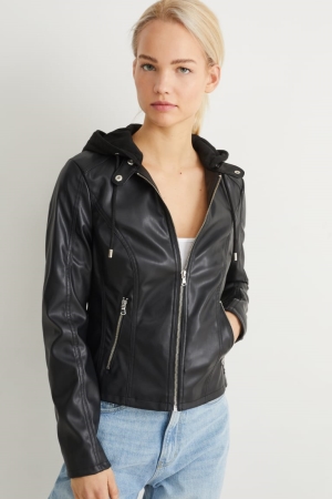 Black C&A With Hood Faux Leather Women's Jackets | ENKYA-7146