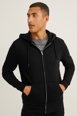 Black C&A Zip-through With Hood Organic Cotton Men's Sweatshirts | CFVJR-3127