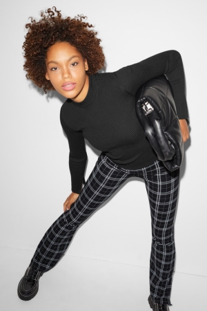 Black / Gray C&A Clockhouse Jersey Flared Check Women's Trousers | UDLAX-3195