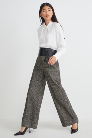 Black / Gray C&A Cloth High-rise Waist Wide Leg Check Women's Trousers | BSDIH-6825