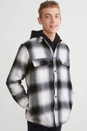 Black / White C&A Check Men's Shirts | QJVKP-6753