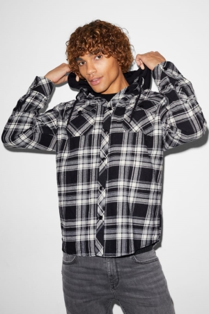 Black / White C&A Clockhouse With Hood Check Men's Shirts | UVSYH-2978