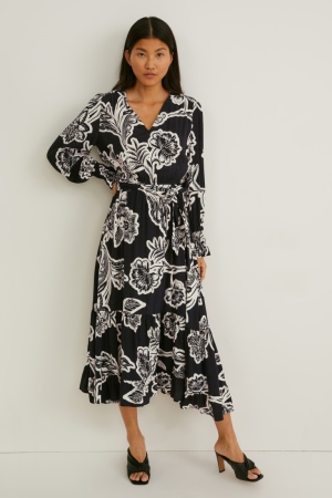 Black / White C&A Fit & Flare Lenzing™ Ecovero™ Floral Women's Dress | FDIEH-4318