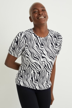 Black / White C&A Patterned Women's T-shirts | HJSCU-7653