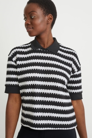 Black / White C&A Polo Striped Women's Shirts | CUFRI-1973