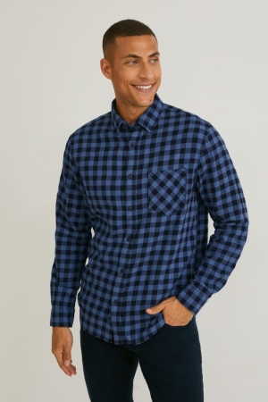 Blue C&A Regular Fit Button-down Collar Check Men's Shirts | ZEQXV-9362