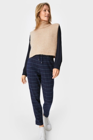 Blue C&A Tapered Fit Check Women's Trousers | CUDZA-4710