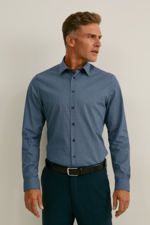 Blue / Dark Blue C&A Business Slim Fit Extra Long Sleeve s Easy-iron Men's Shirts | ATZCV-0264