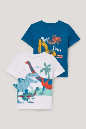 Blue / White C&A Multipack Of 2 Dinosaur And Digger Sleeve Boys' T-shirts | OXLTZ-7459