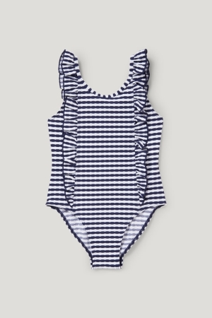 Blue / White C&A Swimsuit Lycra® Xtra Life™ Striped Girls' Swimwear | NAVPO-6973