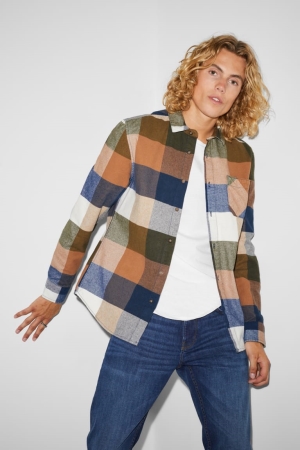 Brown / Blue C&A Clockhouse Flannel Regular Fit Kent Collar Check Men's Shirts | GSRYD-1392