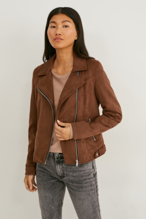 Brown C&A Biker Faux Suede Women's Jackets | FOUMB-6458