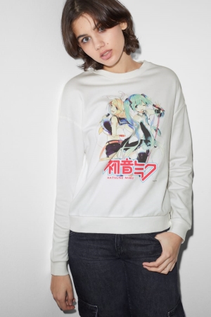 Creme White C&A Clockhouse Hatsune Miku Women's Sweatshirts | QKLZT-4231