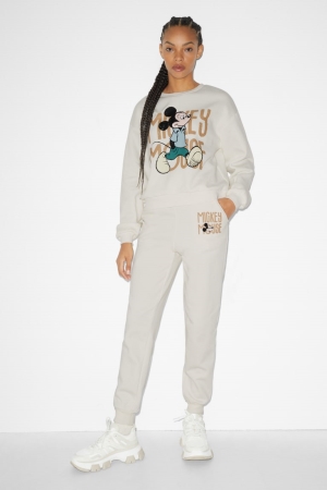 Creme White C&A Clockhouse Joggers Mickey Mouse Women's Trousers | BLZOT-3185