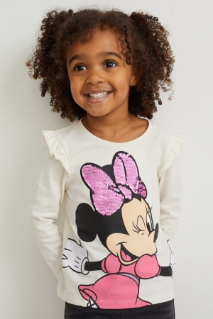 Creme White C&A Minnie Mouse Long Sleeve Shiny Girls' Top | CKSBG-4750